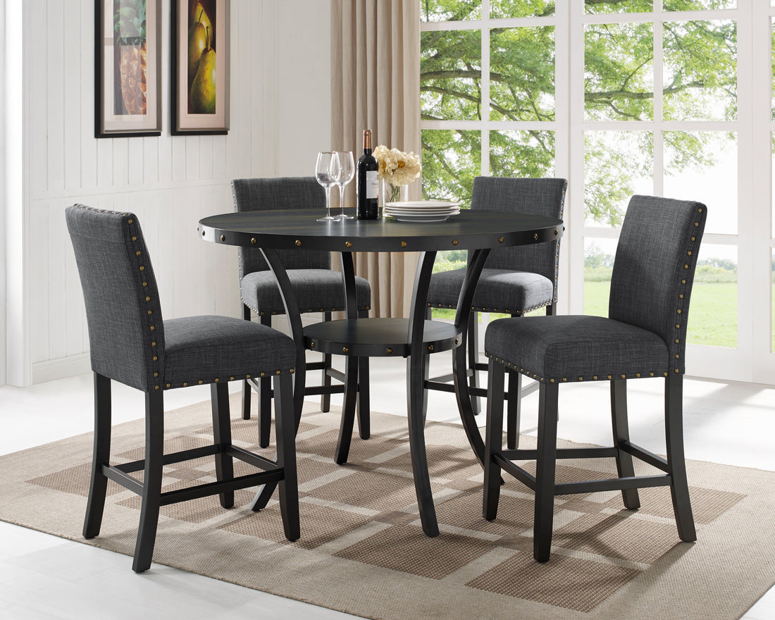 Biony Espresso Wood Counter Height Dining Set With Grey Fabric Stools Wood Brown Seats 4 Metal Fixed Table Round Dining Table With Chair Wood