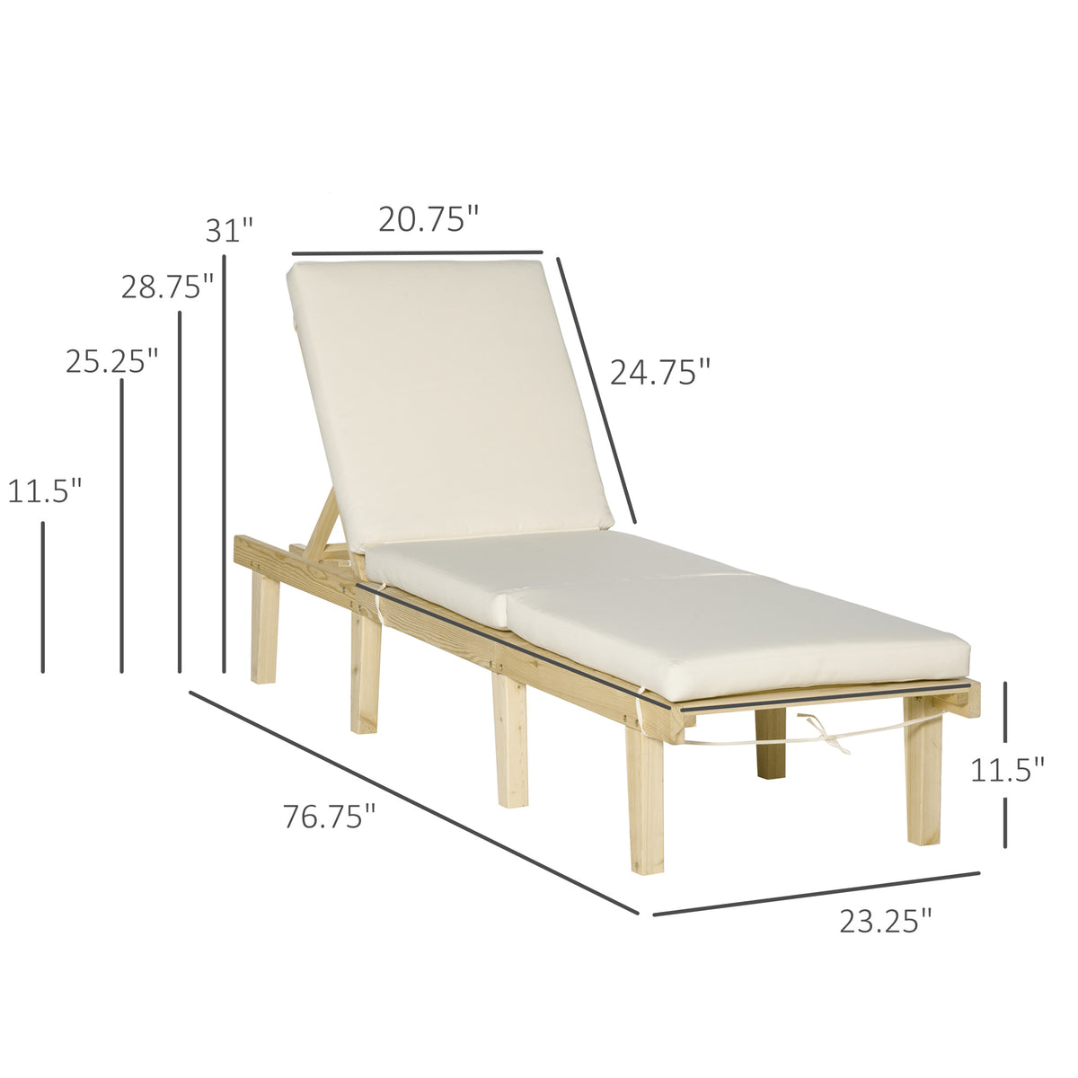 Outsunny Chaise Lounge Chair For Outdoor, Patio Recliner With 4 Position Adjustable Backrest And Cushion For Deck, Beach, Lawn And Sunbathing, Natural Natural Wood Polyester