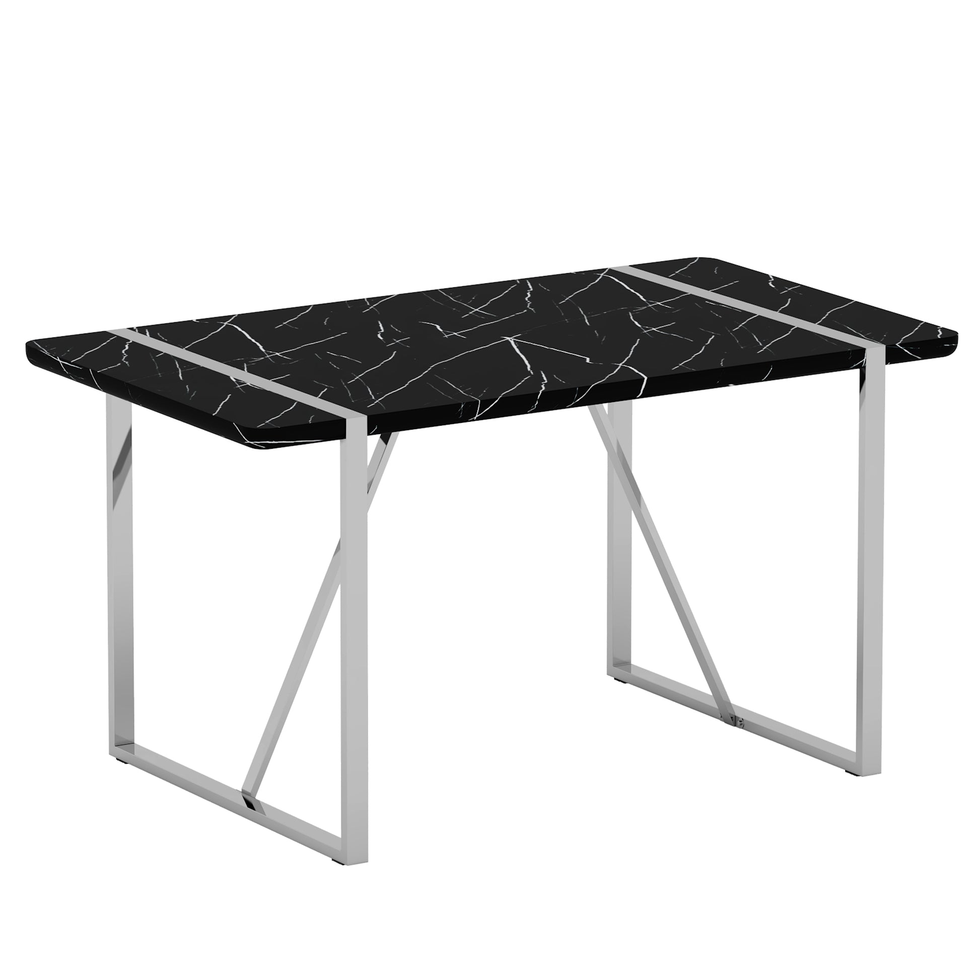 Table And Chair Set.A Rustic Industrial Rectangular Mdf Black Dining Table With Mdf Desktop And Electroplated Silver Metal Legs.Paried With 6 Chairs With Pu Cushion And Metal Legs. Black,Light Gray,Silver Seats 6 Mdf Metal
