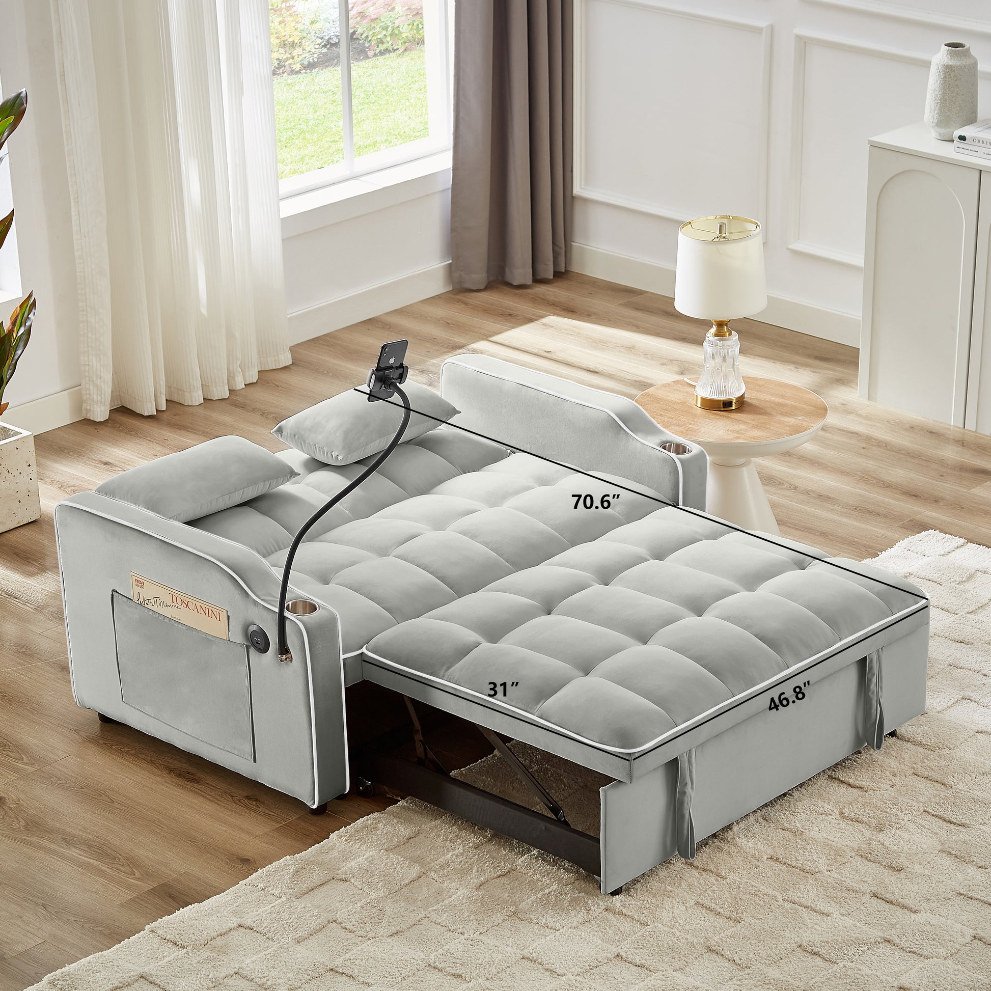 1 Versatile Foldable Sofa Bed In 3 Lengths, Modern Sofa Sofa Sofa Velvet Pull Out Bed, Adjustable Back And With Usb Port And Ashtray And Swivel Phone Stand Grey Gray Eucalyptus Solid Wood Mdf Resin 2 Seat