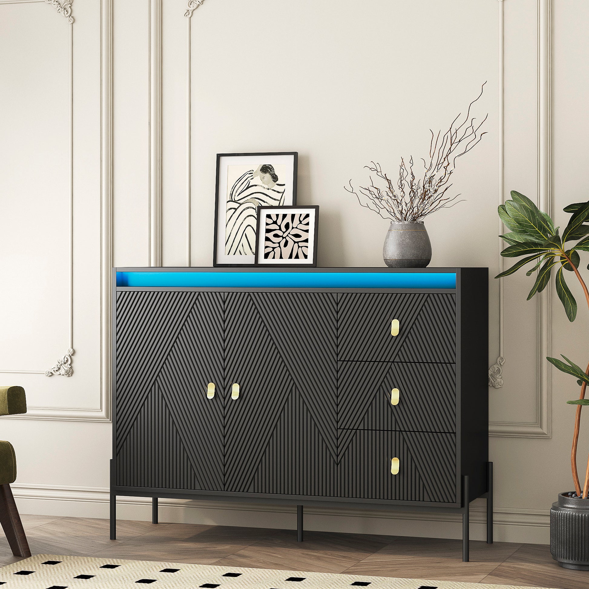 Buffets & Sideboards, Fluted Sideboard Cabinet, 2 Door 3 Drawer Design, With Led Lights,Acceent Black Sideboard Elegant Cabinet Ideal For Dining Room And Kitchen Storage,Black Black Mdf