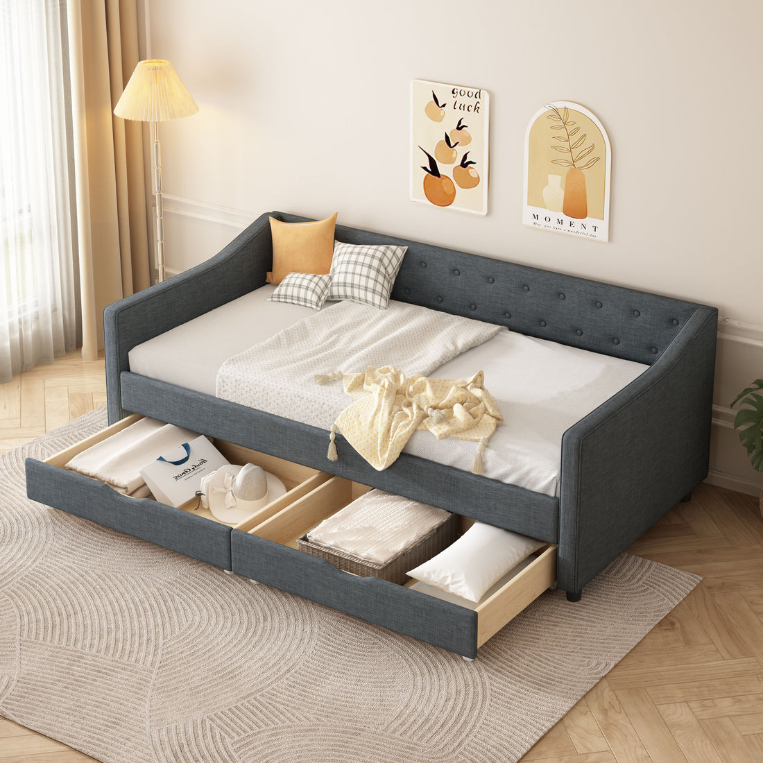 Twin Size Daybed With Drawers Upholstered Tufted Sofa Bed, With Button On Back And Piping On Waved Shape Arms Dark Grey Twin Dark Grey Wood Fabric