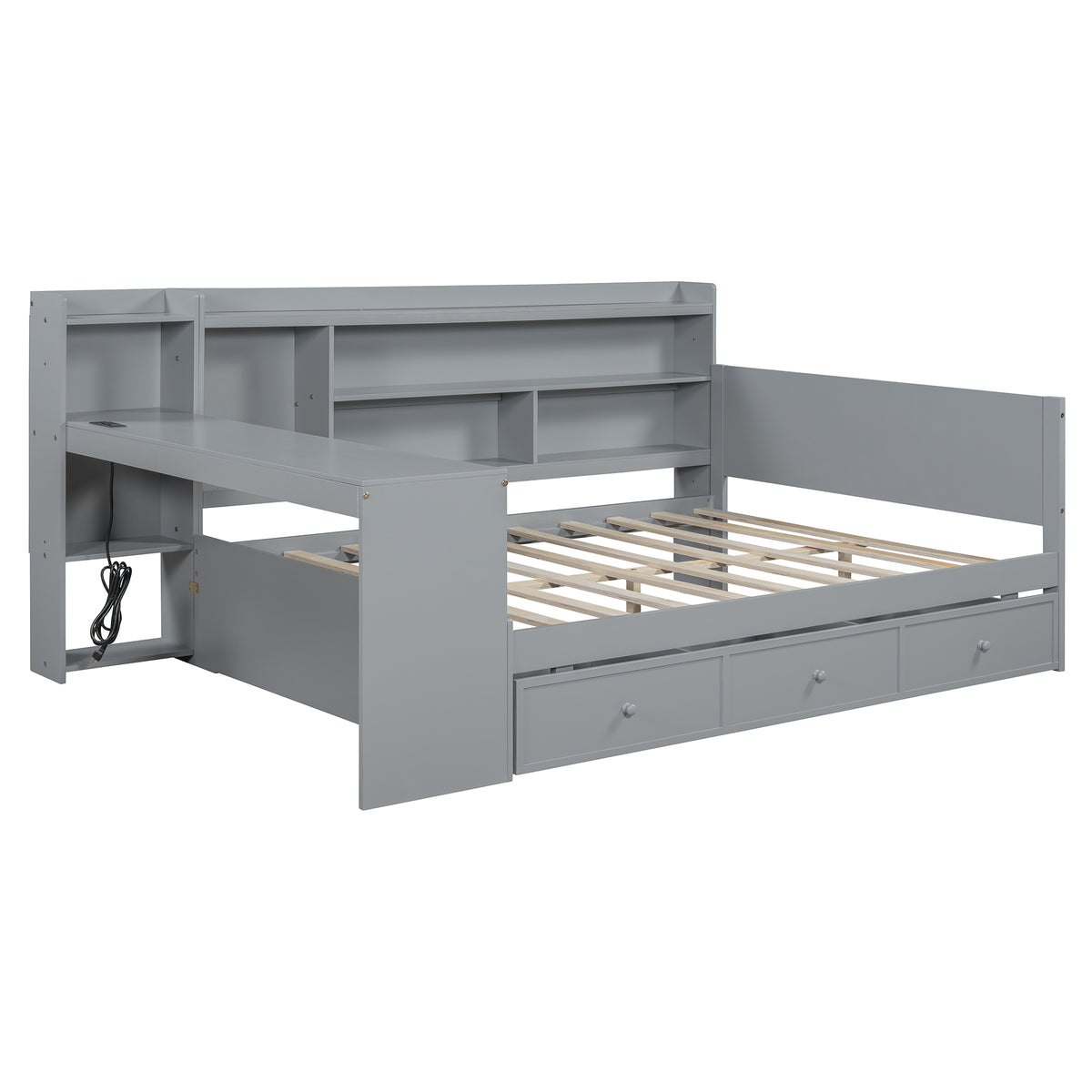 Full Size Wooden Daybed With 3 Drawers, Usb Ports And Deskgray Full Gray Wood