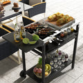 Outsunny Outdoor Bar Cart With Stainless Steel Tabletop, Kitchen Island With Wheels, 2 Tiers & Seasoning Shelf, Patio Serving Cart With Hooks, Towel & Garbage Bag Holder, Plates & Spice Jars, Black Black Steel