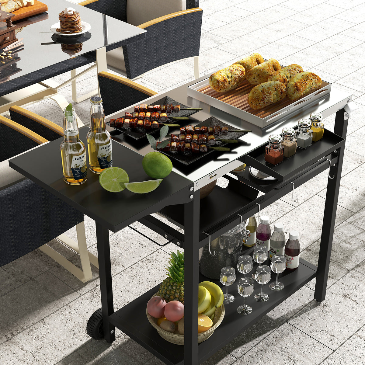 Outsunny Outdoor Bar Cart With Stainless Steel Tabletop, Kitchen Island With Wheels, 2 Tiers & Seasoning Shelf, Patio Serving Cart With Hooks, Towel & Garbage Bag Holder, Plates & Spice Jars, Black Black Steel