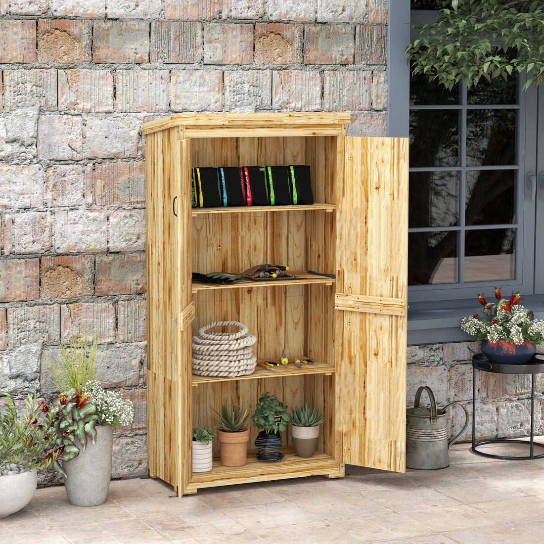 Outsunny Wooden Garden Shed, Outdoor Storage Cabinet With Waterproof Galvanized Metal Roof, Narrow Tool Shed With 3 Shelves And Lockable Door, Natural Natural Wood