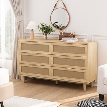 51.18"6 Drawers Rattan Storage Cabinet Rattan Drawer With White Drawer Slides,For Bedroom,Living Room,Natural Natural Primary Living Space Particle Board