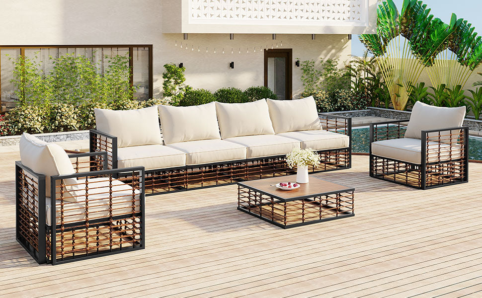 Modern Minimalist 7 Piece Metal Patio Sectional Sofa Set, All Weather Garden Conversational Furniture Set With Thick Cushions And Coffee Table For Indoor Outdoor, Gray Yes Deep Seating White Weather