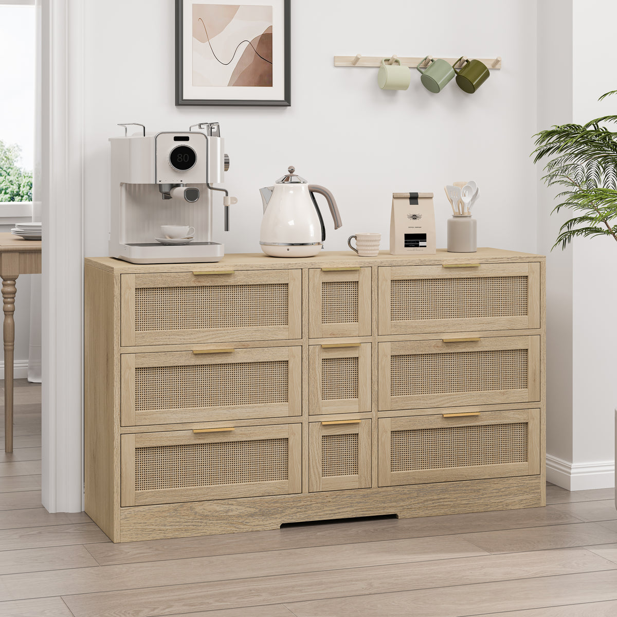 51.2 "Rattan Locker With Drawers, 9 Drawers, Metal Handles For Kitchen, Living Room, Bedroom Natural Natural Mdf