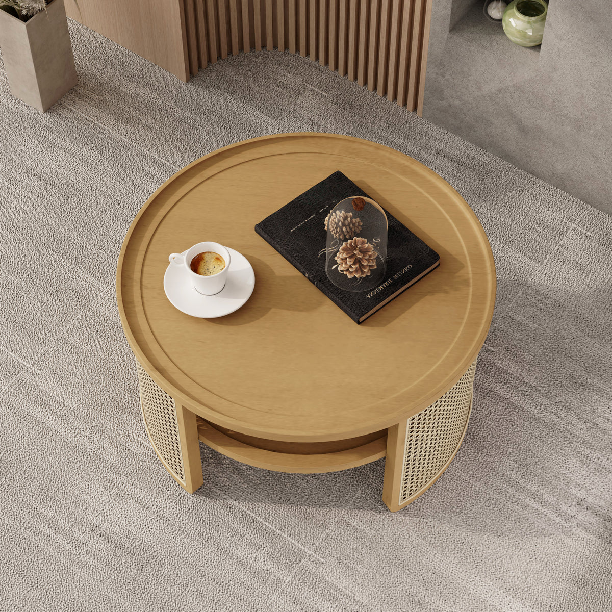 2 Tiered Round Natural Wood Coffee Table With Storage Rattan Base In 31.3'' Natural Rubber Wood