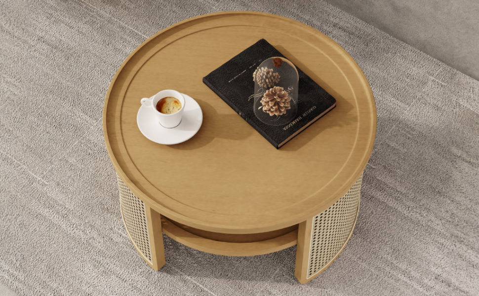 2 Tiered Round Natural Wood Coffee Table With Storage Rattan Base In 31.3'' Natural Rubber Wood