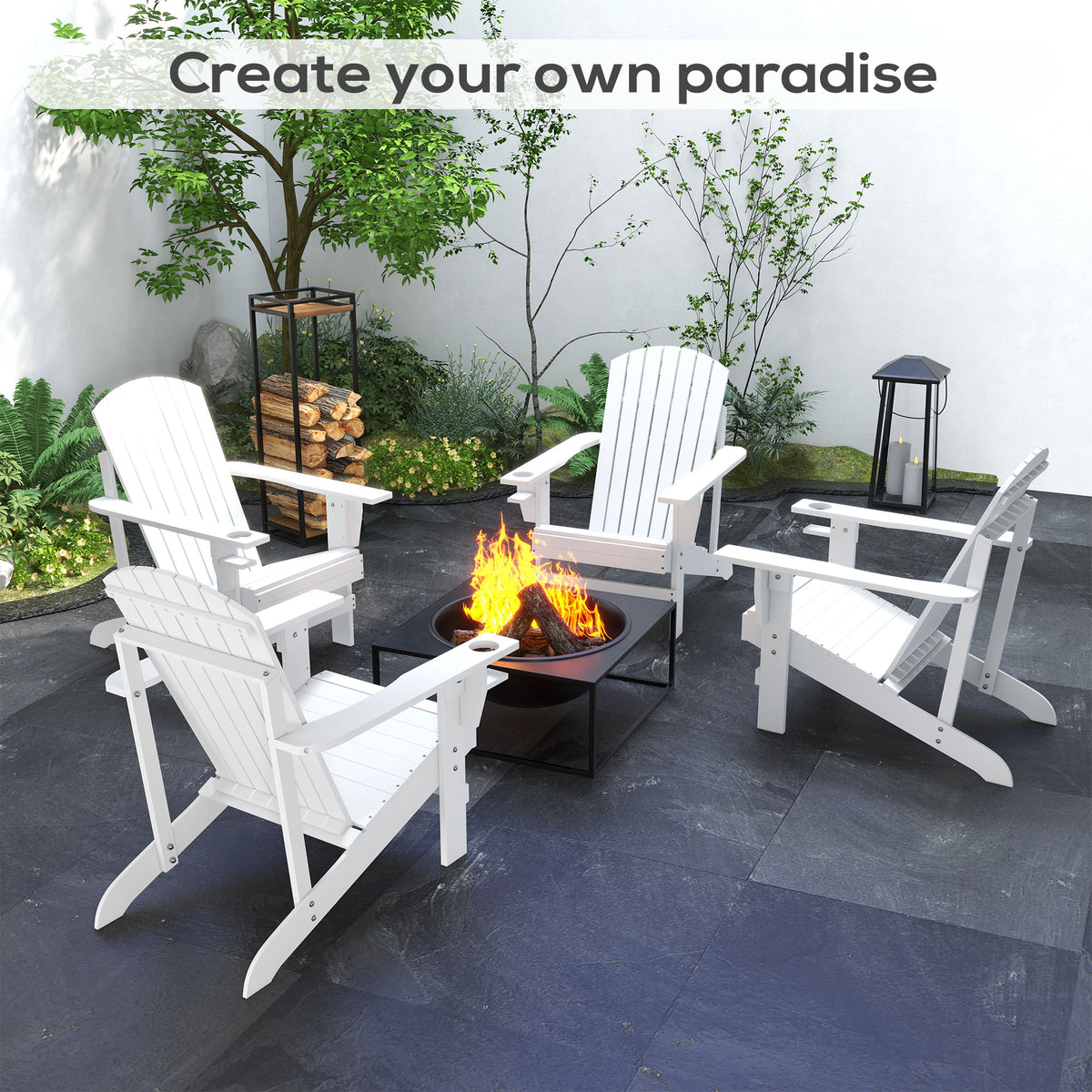 Outsunny Wooden Adirondack Chair, Outdoor Patio Lawn Chair With Cup Holder, Weather Resistant Lawn Furniture, Classic Lounge For Deck, Garden, Backyard, Fire Pit, White White Wood