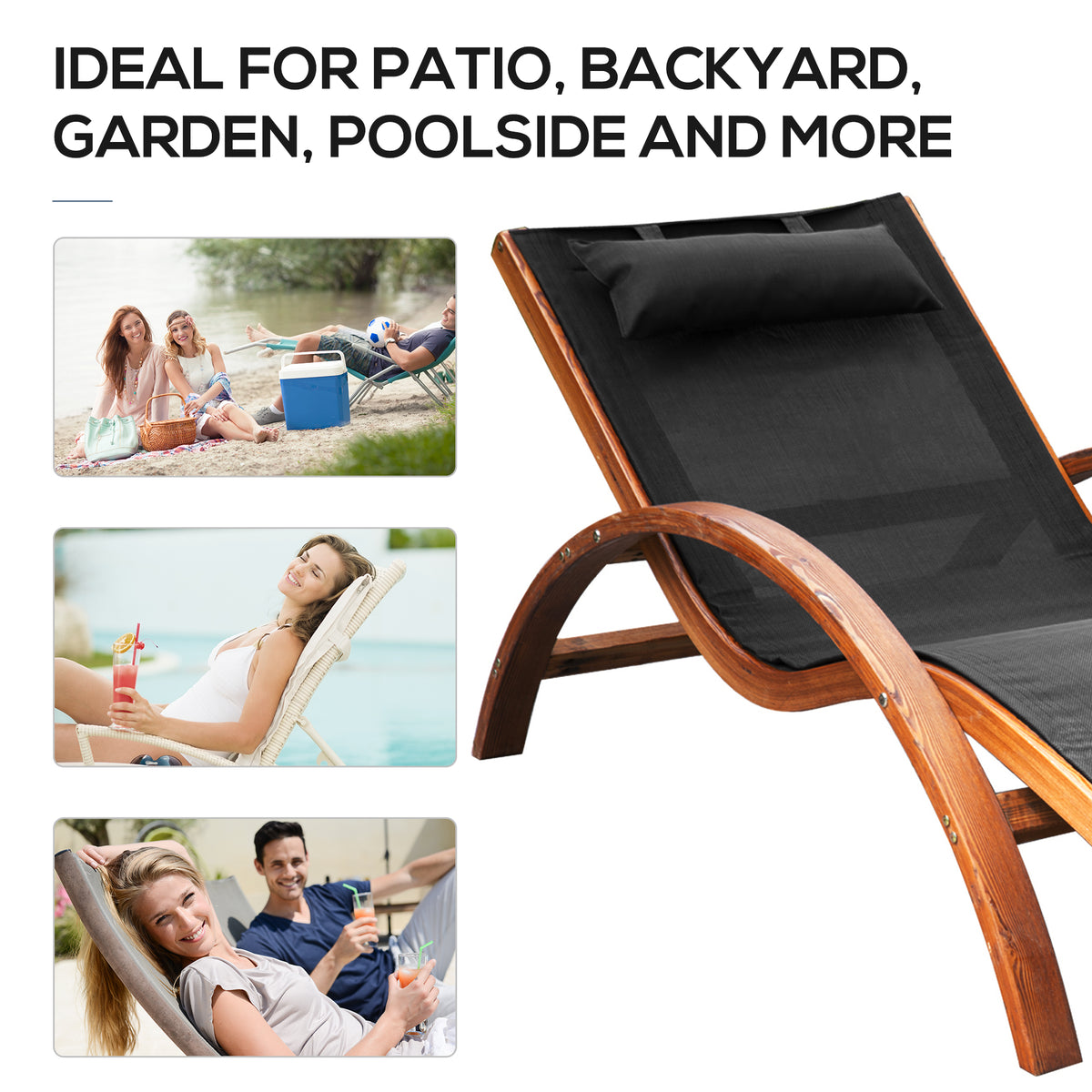 Outsunny Outdoor Chaise Wood Lounge Chair With Pillow, Armrests,Sling Mesh And Comfortable Curved Design For Patio, Deck, And Poolside Black Pine