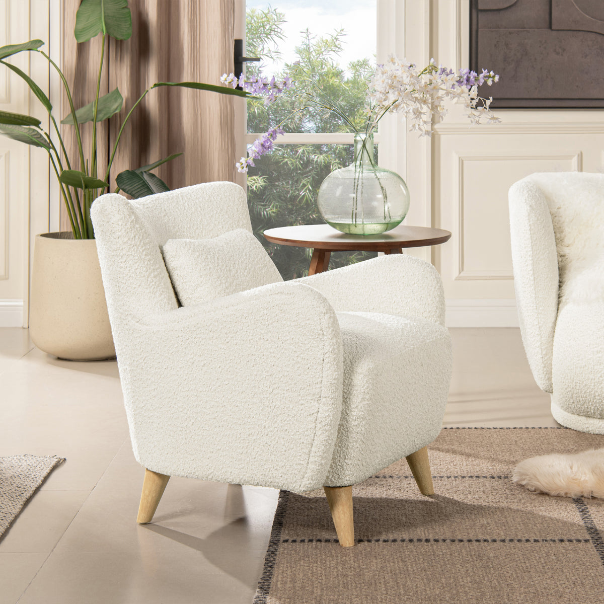 Lune 30" Curved Arm Accent Chair With Lumbar Pillow, Ivory White Boucle White Foam Boucle