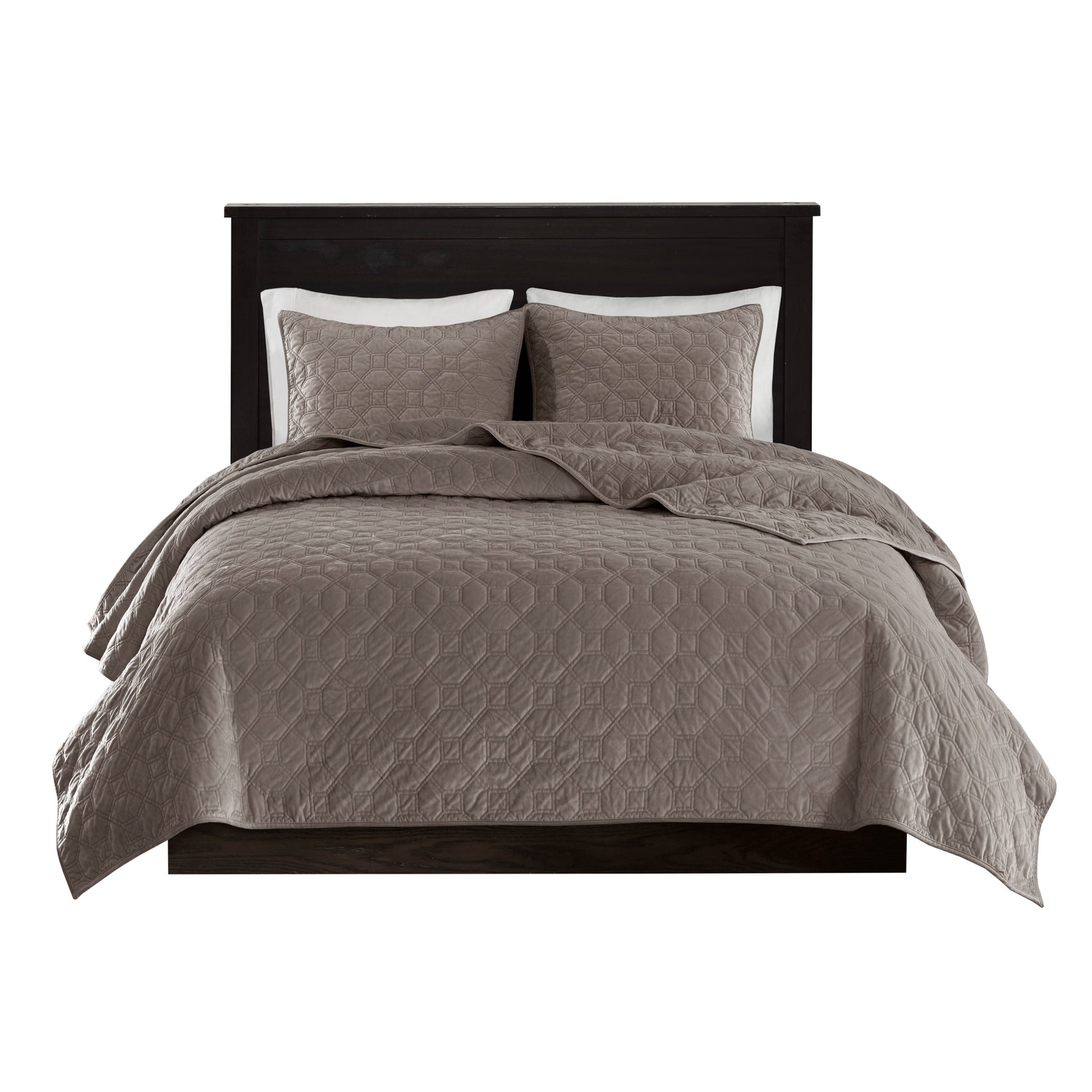 3 Piece Velvet Quilt Set Taupe King Cal King King Taupe Cotton