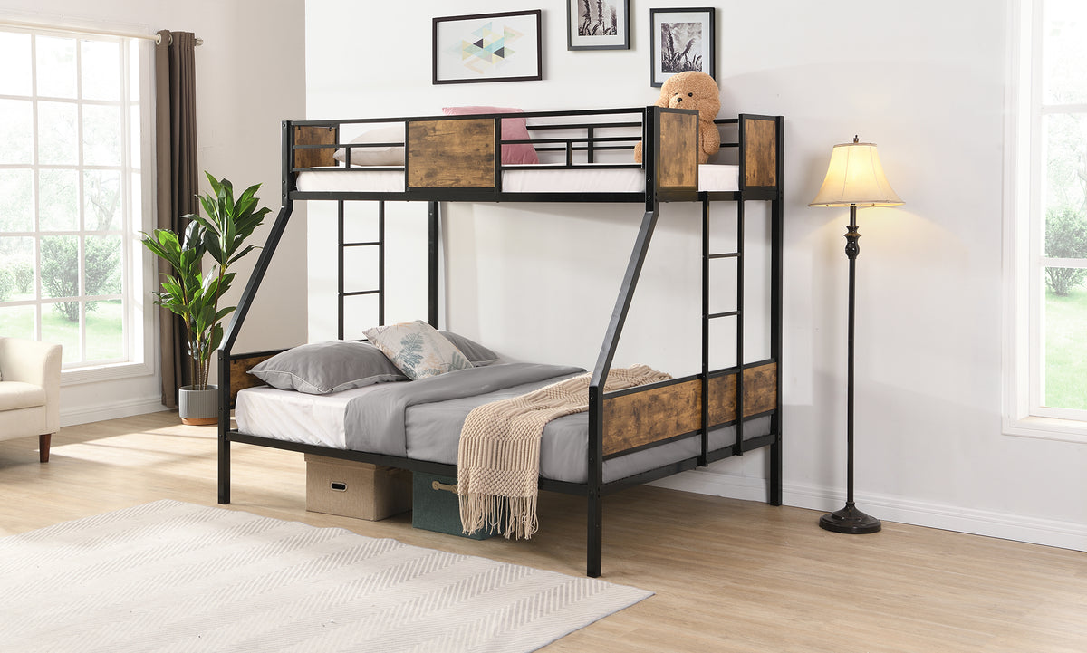 Twin Over Full Metal Bunk Bed With 2 Side Ladder And Full Length Guardrail, No Box Spring Needed, Large Under Bed Storage, Easy Assembleblack & Brown Full Black Brown Mdf Metal