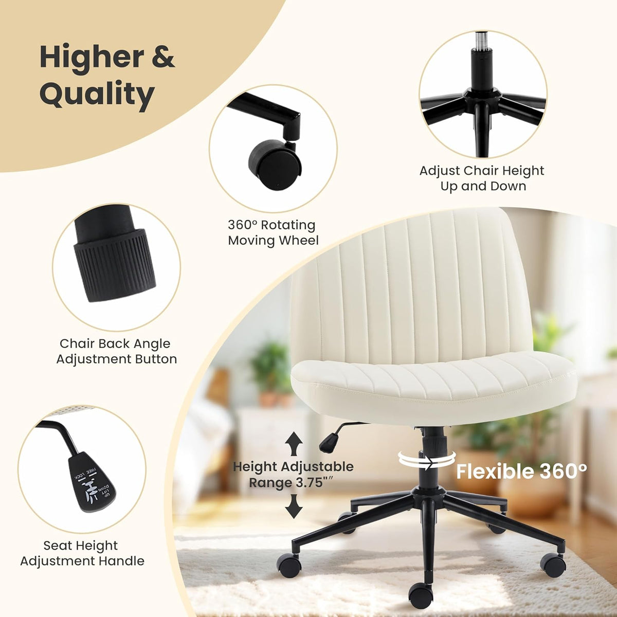 Criss Cross Chair With Wheels, Armless Legged Office Desk Chair, Comfy Swivel Rolling Vanity Chair, Ergonomic Fabric Modern Wide Seat Adjustable Home Office Chair White Pu White Metal