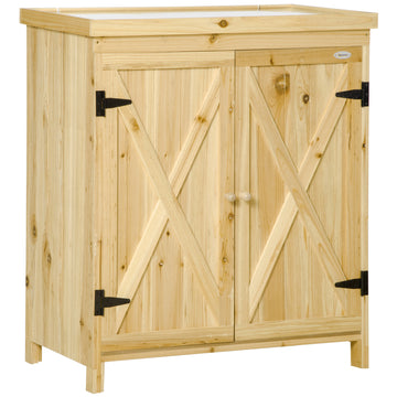 Outsunny Garden Storage Cabinet, Outdoor Tool Shed With Galvanized Top And Two Shelves For Yard Tools Or Pool Accessories, Natural Natural Wood Wood
