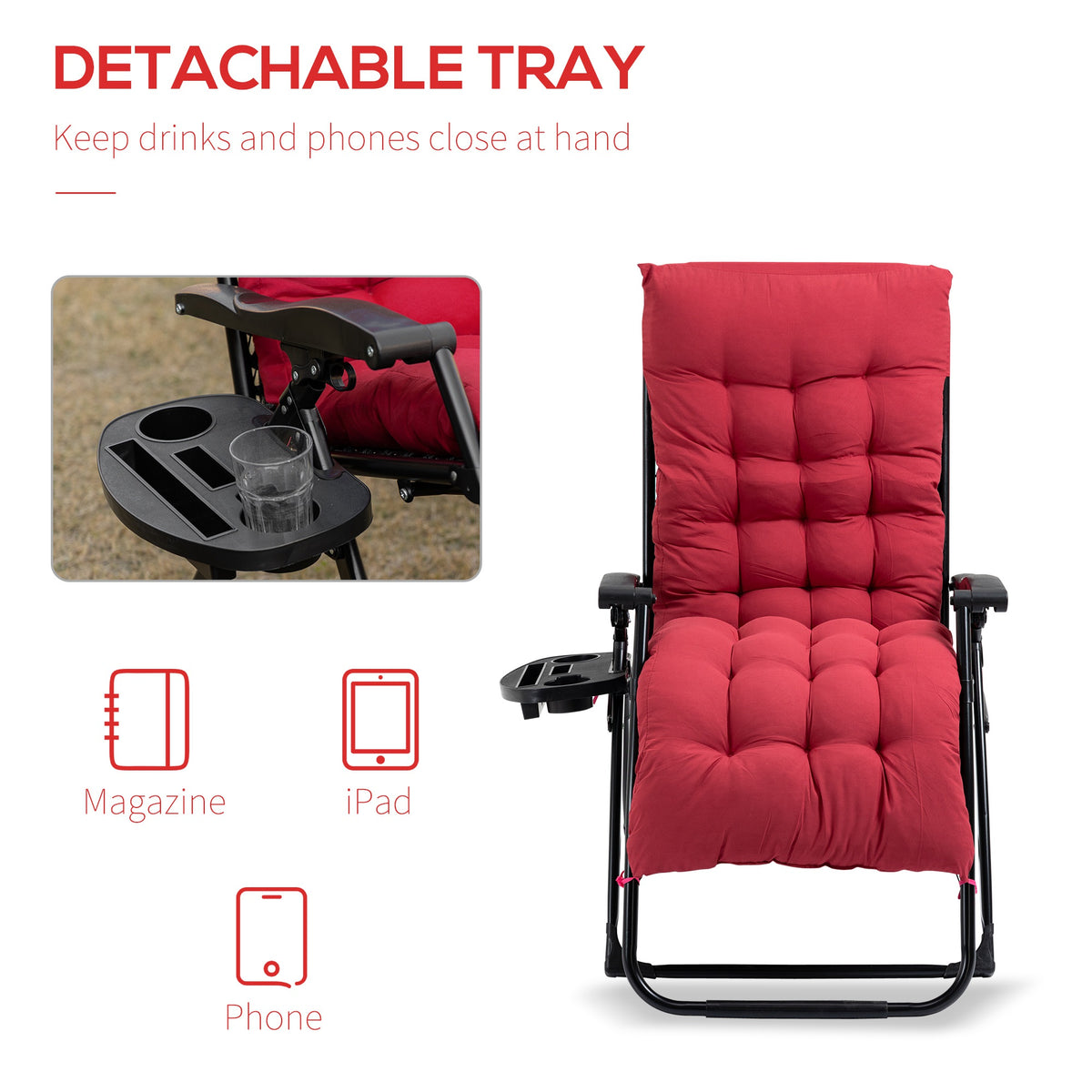Outsunny Zero Gravity Chair, Folding Reclining Lounge Chair With Padded Cushion, Side Tray For Indoor And Outdoor, Supports Up To 264 Lbs., Red Red Steel
