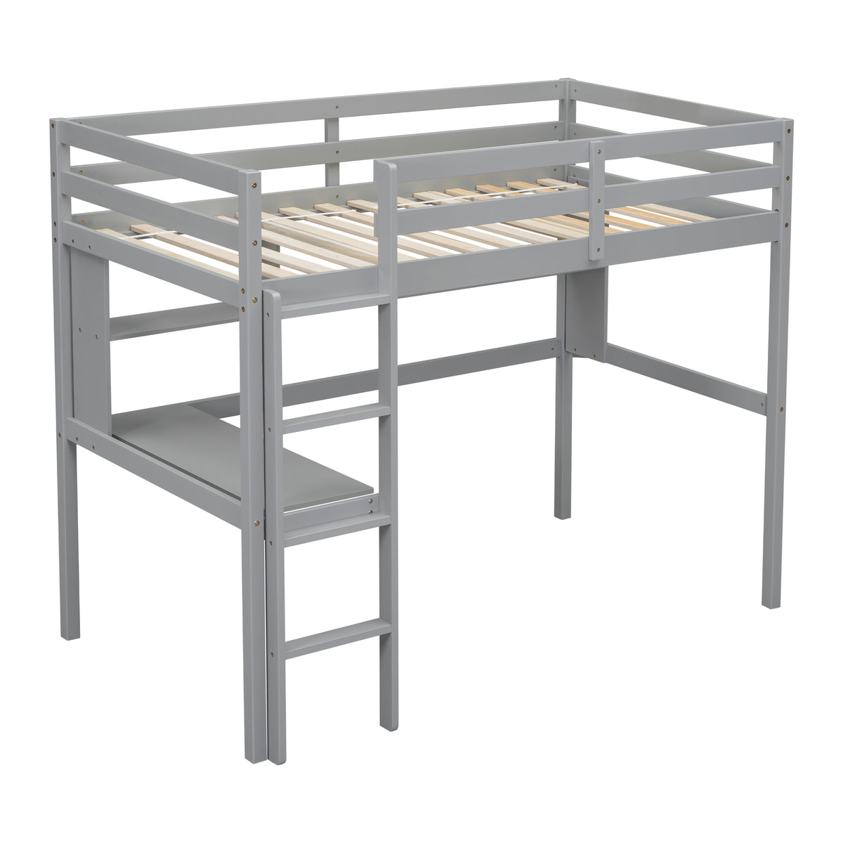 Twin Size Loft Bed With Desk And Shelves, Safety Guardrail And Ladder,Grey Twin Grey Pine