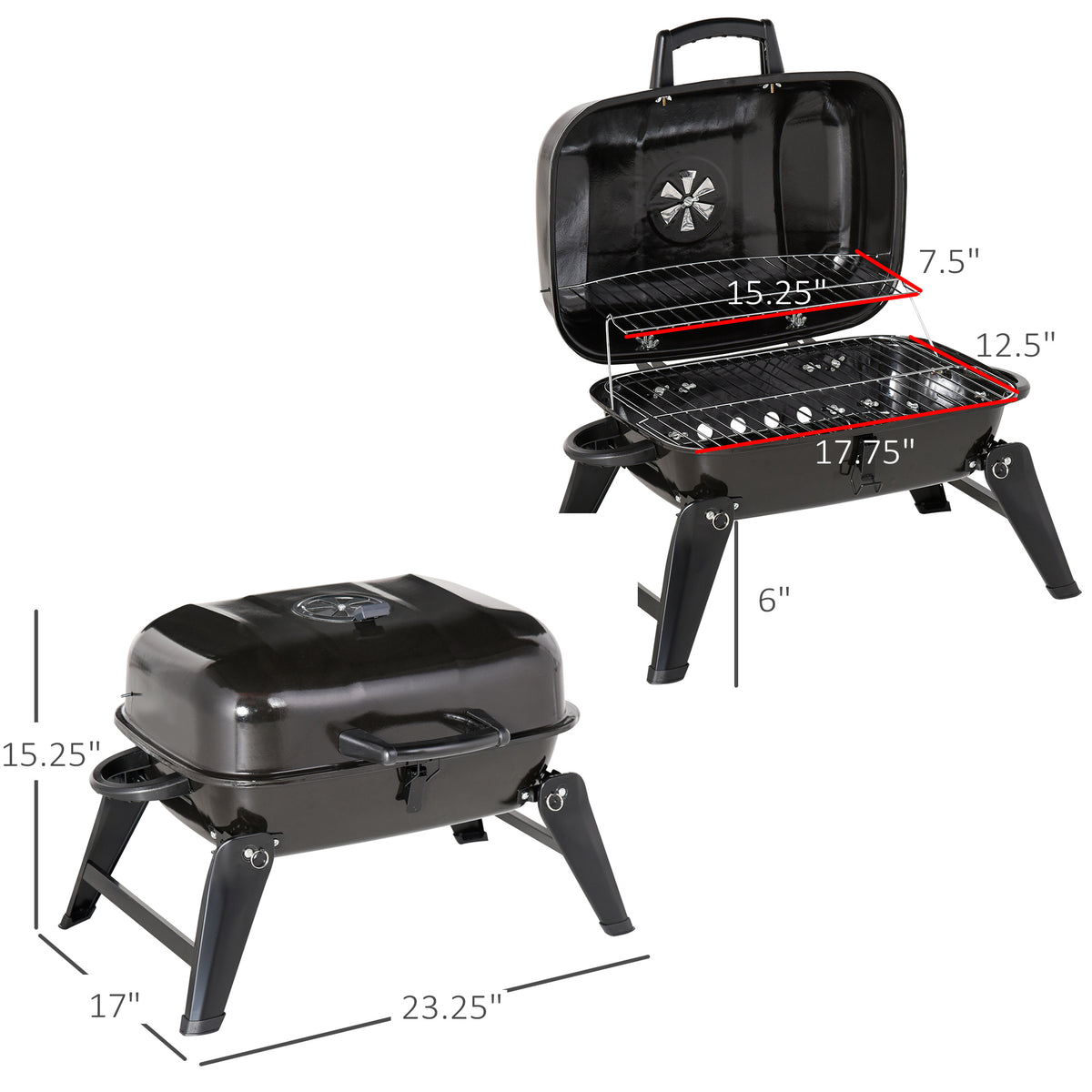 Outsunny 14" Portable Charcoal Grill, Tabletop Small Bbq Grill For Outdoor Cooking, Camping, Tailgating, Enamel Coated, Vent, Folding Legs, Black Black Iron