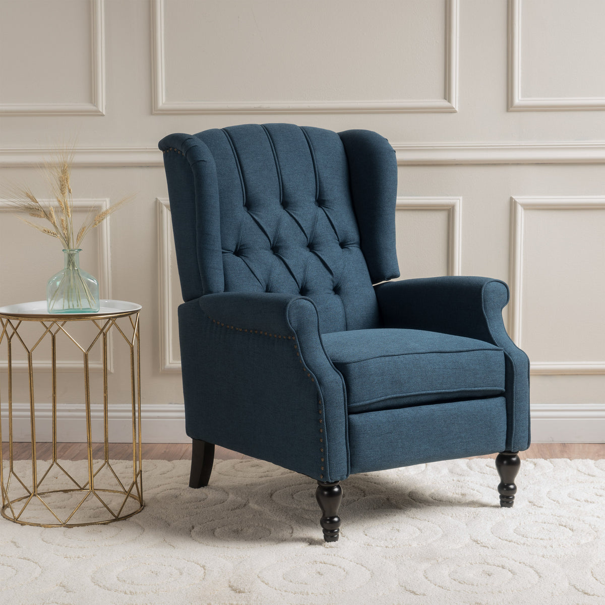 Dark Blue Tufted Fabric Arm Chair Recliner Dark Blue Polyester