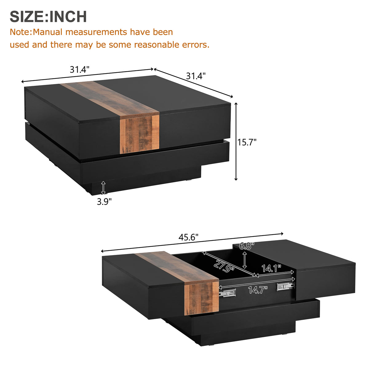 31.4'' X 31.4'' Square Coffee Table With Sliding Tabletop, High Gloss Center Table With Hidden Storage Compartment, Extendable Cocktail Table With Walnut Grain Finish For Living Room, Black Black Square Mdf
