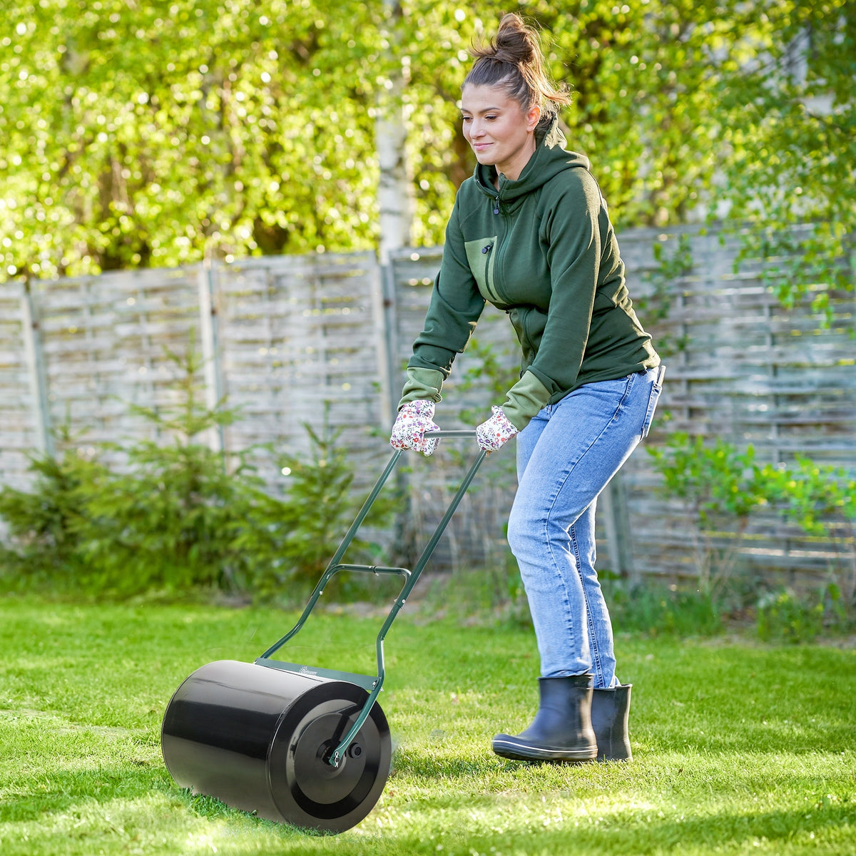 Outsunny 20 Inch Push Tow Behind Lawn Roller Filled With 16 Gal Water Or Sand, Perfect For Flattening Sod In The Garden Black Metal