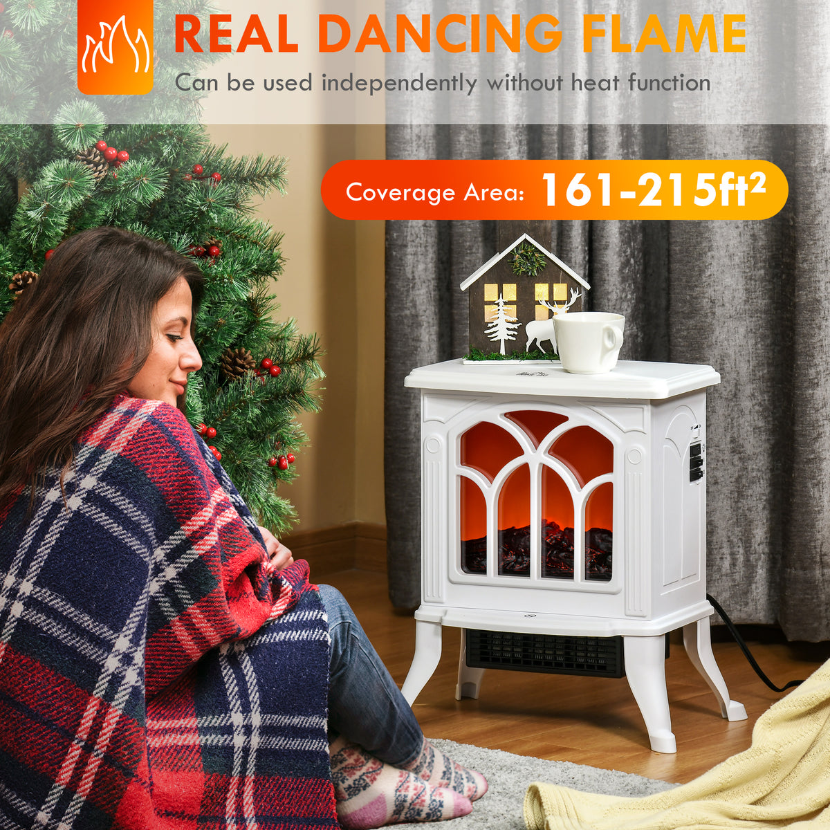 Homcom 17" Freestanding Electric Fireplace Stove, Fire Place Heater With Realistic Logs And Flame Effect And Overheat Protection, 750W 1500W, White White Plastic