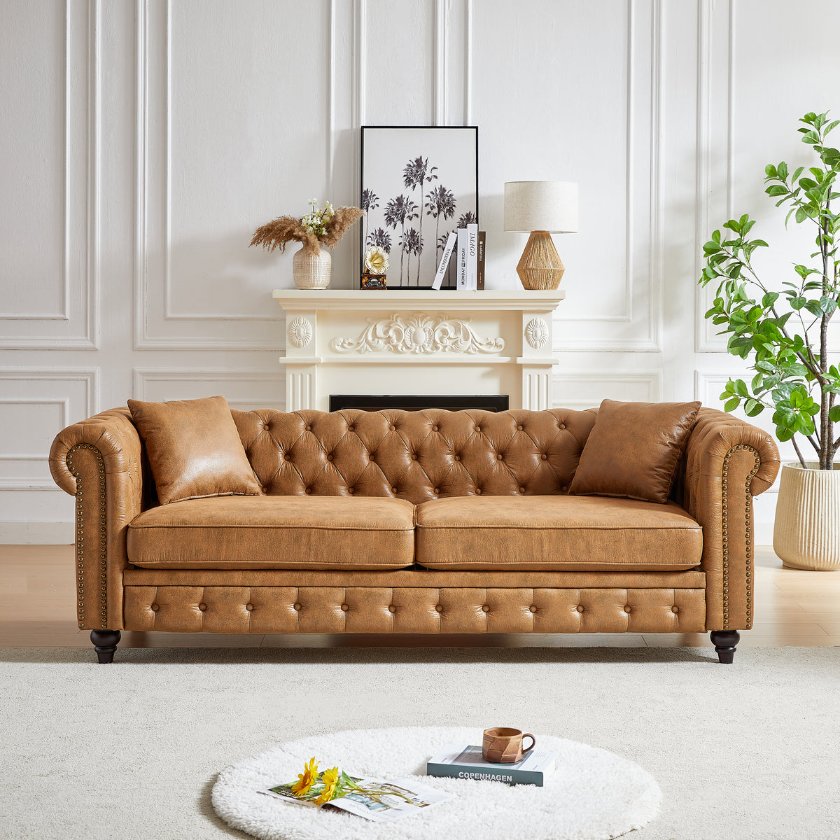 Fx 85.5"Living Room With Tech Fabric Chesterfield Sofa With Rolled Arms 3 Seater Sofa With Button Design And 2 Cushions For Apartment, Office, Living Room Brown Polyester Wood Primary Living Space Pine Foam Fabric 3 Seat