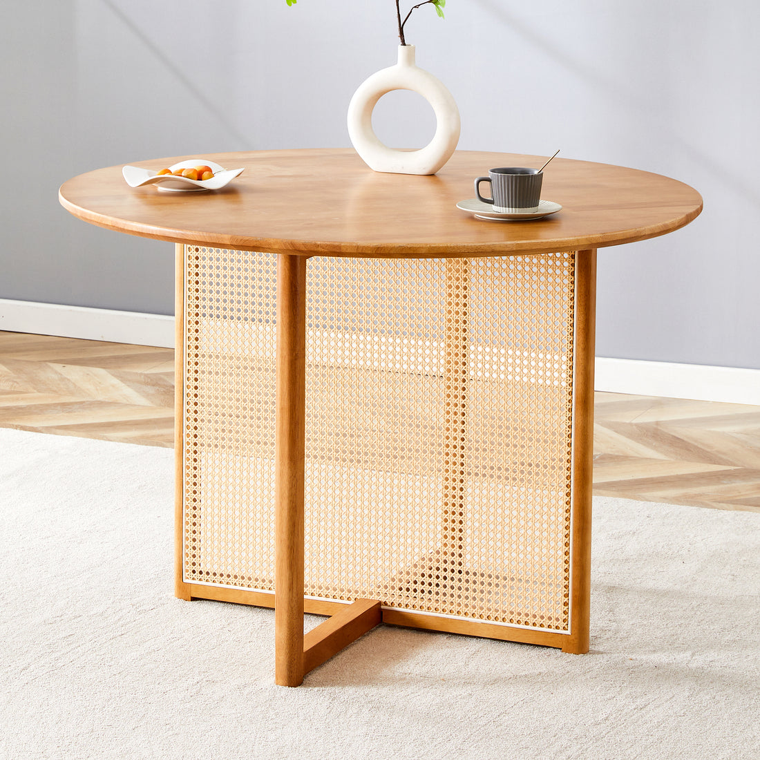 Chinese Countryside Retro Solid Wood Round Table, Simple Modern Imitation Rattan Table, Wooden Table, Desk. Suitable For Dining Room, Living Room, Office Wood Rubber Wood
