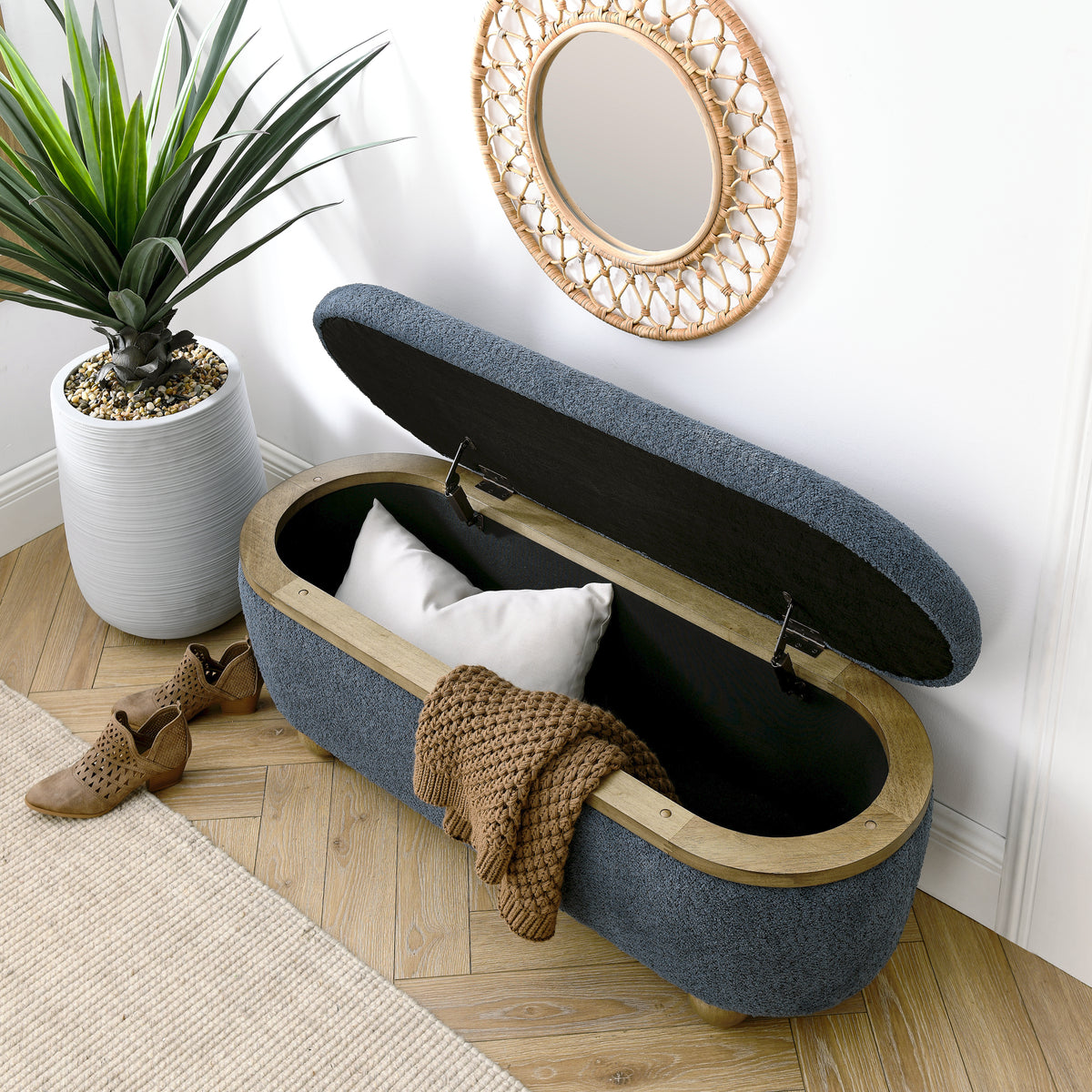 Storage Ottoman Bench, Upholstered End Of Bed Ottoman Bench With Storage And Seating, Large Blanket Storage Bench For Foot Rest In Bedroom, Living Room, Entryway, Dark Blue Dark Blue Foam
