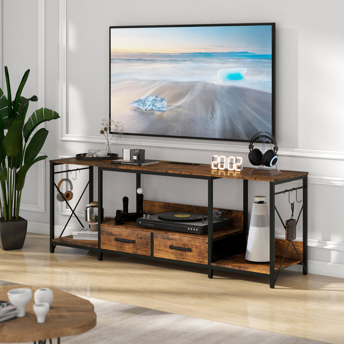 Tv Stand With Led Lights Power Outlets Tv Stand With Fabric Drawers For 65 70 75 Inches Tv Entertainment Center And Industrial Tv Console Table With Open Storage Shelves For Living Room, Bedroom