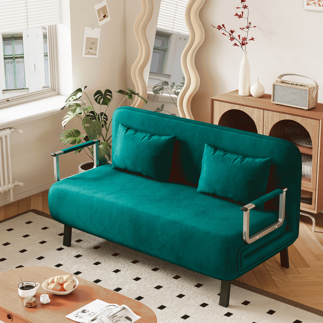 Velvet Antique Green 55 Convertible Chair Bed, Tri Fold Sofa Bed With Adjustable Backrest & Pillow, Leisure Chaise Lounge Couch With Sturdy Steel Frame For Home & Office, Comfortable Sleeper Chair Antique Green Velvet Metal Primary Living Space Medium