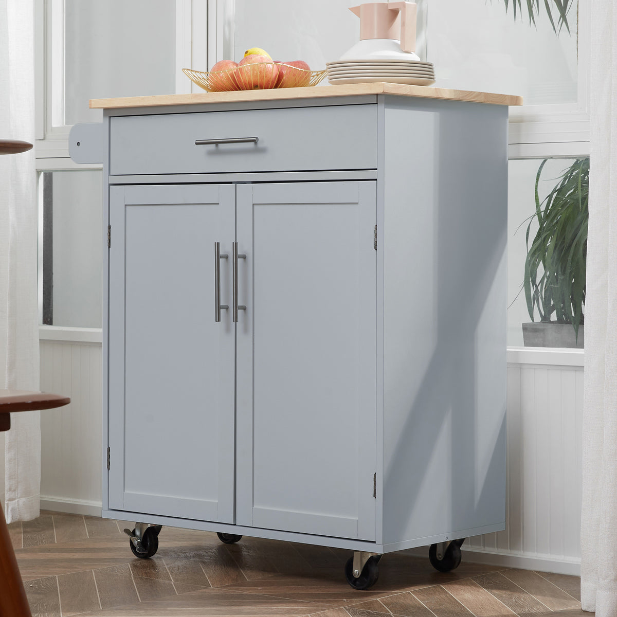 Homcom Kitchen Island Cart Rolling Trolley Cart With Drawer, Storage Cabinet & Towel Rack, Gray Grey Rubber Wood