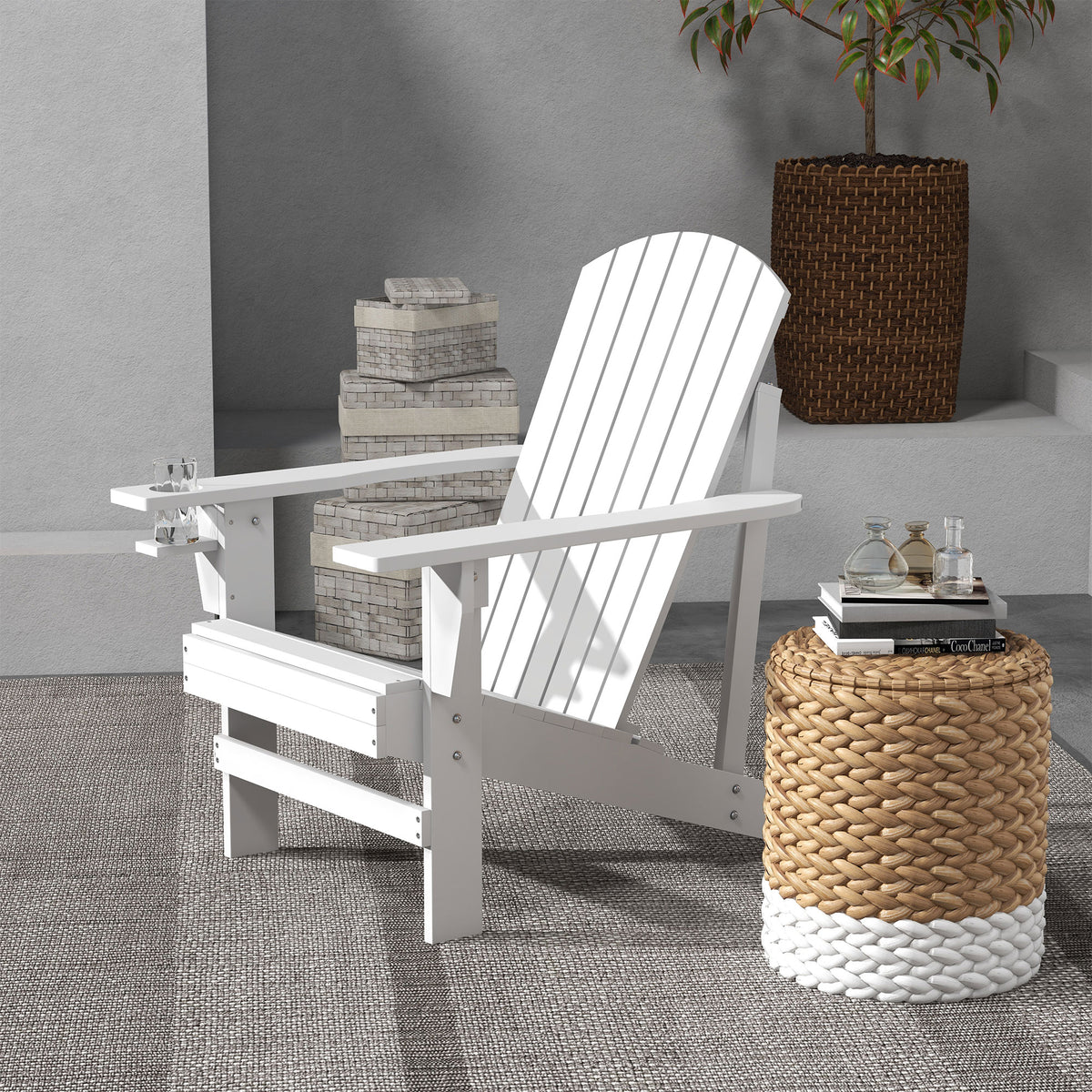 Outsunny Wooden Adirondack Chair, Outdoor Patio Lawn Chair With Cup Holder, Weather Resistant Lawn Furniture, Classic Lounge For Deck, Garden, Backyard, Fire Pit, White White Wood