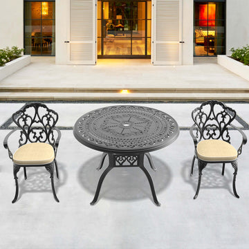 Cushions In Random Colors 3 Piece Set Of Cast Aluminum Patio Furniture With Cushions Yes Complete Patio Set Black Seats 2 Rust Resistant Frame Water Resistant Cushion Garden & Outdoor Complete Patio Sets Aluminium