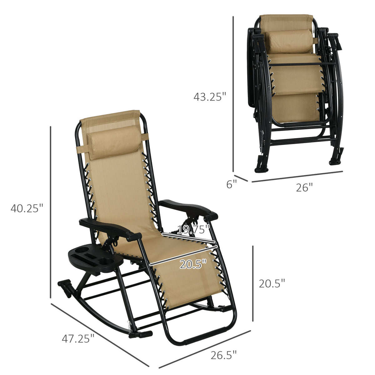 Outsunny 2 Pieces Outdoor Rocking Chairs, Foldable Reclining Zero Gravity Lounge Rocker With Pillow, Cup & Phone Holder, Combo Design With Folding Legs, Beige Beige Steel