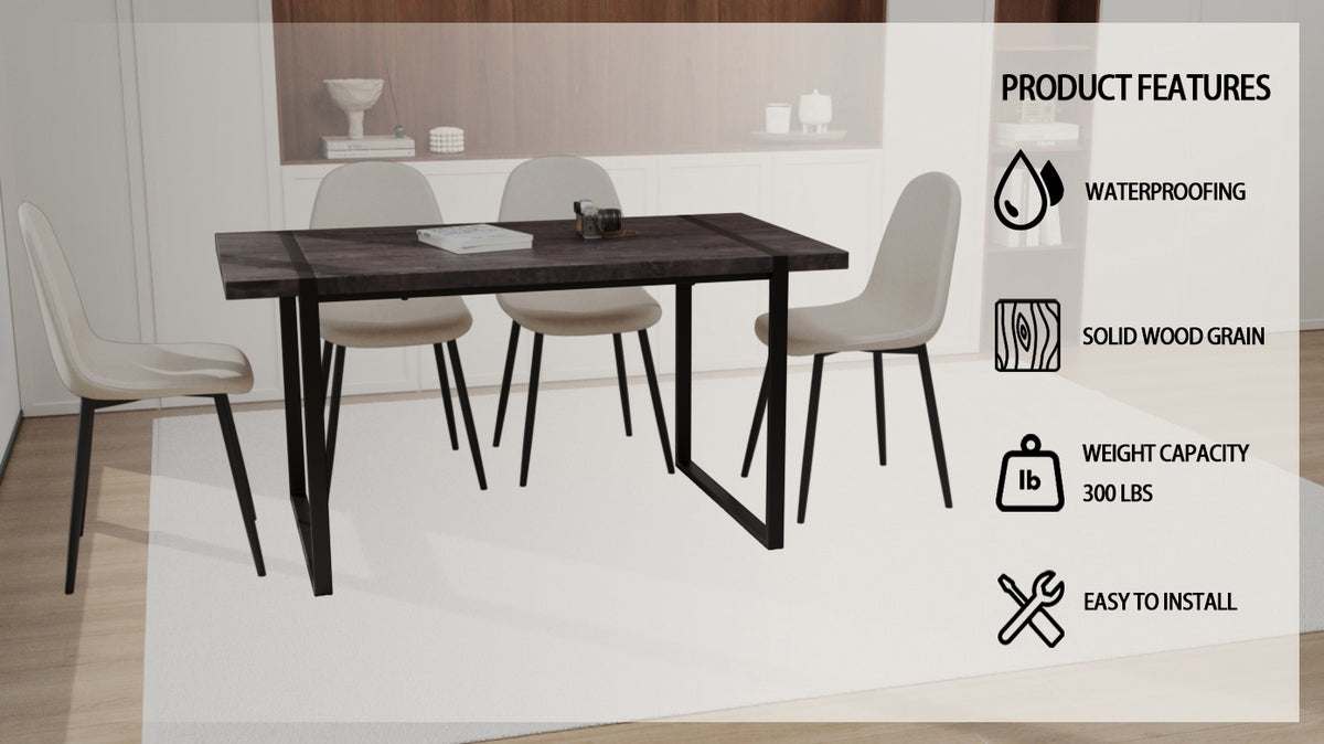Mdf Black Wooden Dining Table And Modern Dining Chair Set Of 4 Pieces, Medieval Wooden Kitchen Dining Table Set, Black Rectangular Metal Base, Dining Table And Suede Chair Set Beige Black Mdf