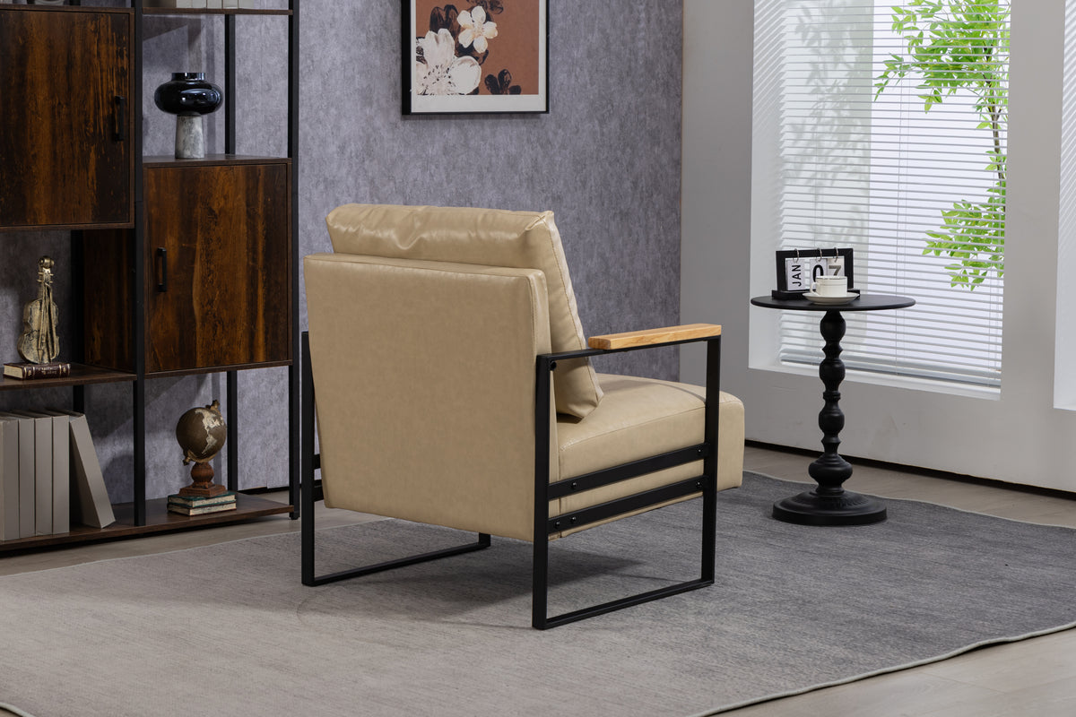 Leather Accent Chair Guest Chair For Living Room, Mid Century Armchair For Bedroom Khaki Pu