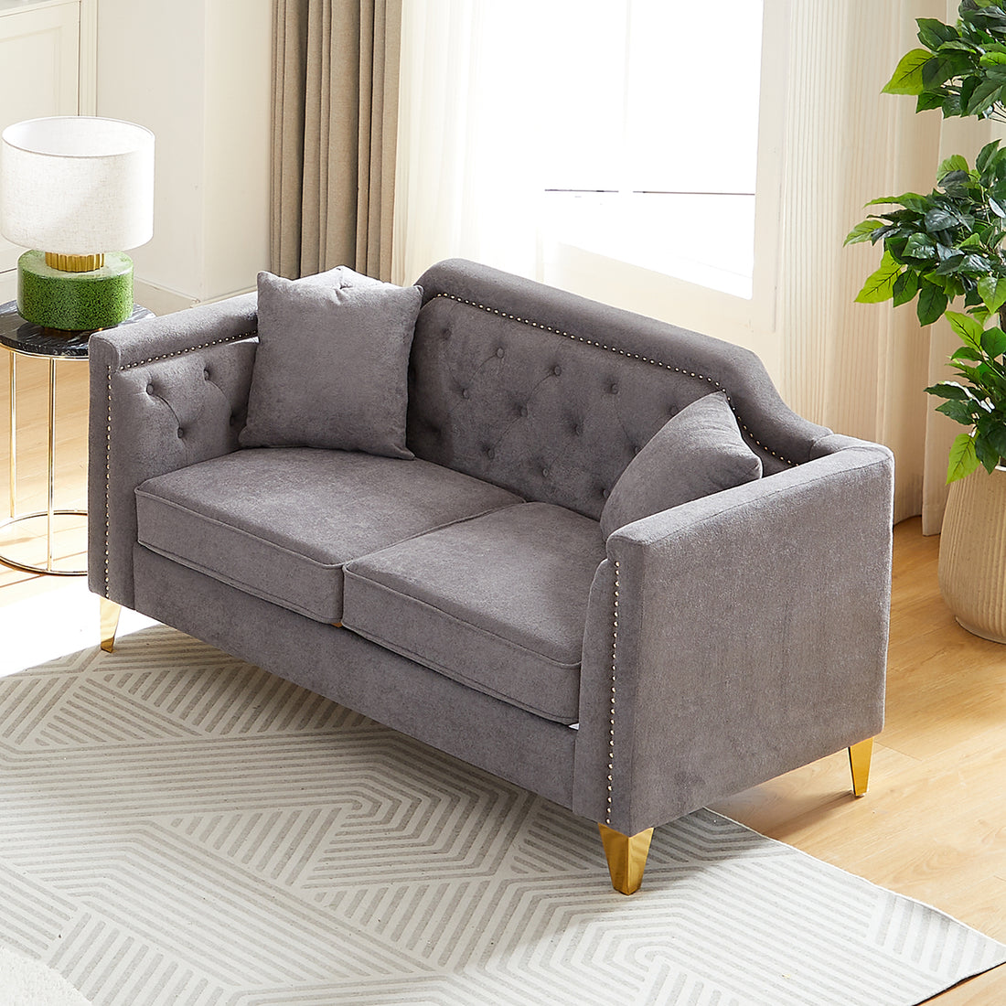 Fx 61.5"Mid Century Design Modern Sofa,Chenille Pull Buckle Design Sofa For Living Room,Buttons Tufted With Copper Nail Decoration Armrest, With 2 Pillows,Modern Couch Upholstered Button And Metal Leg Grey Chenille Wood Pine Foam Fabric 2 Seat