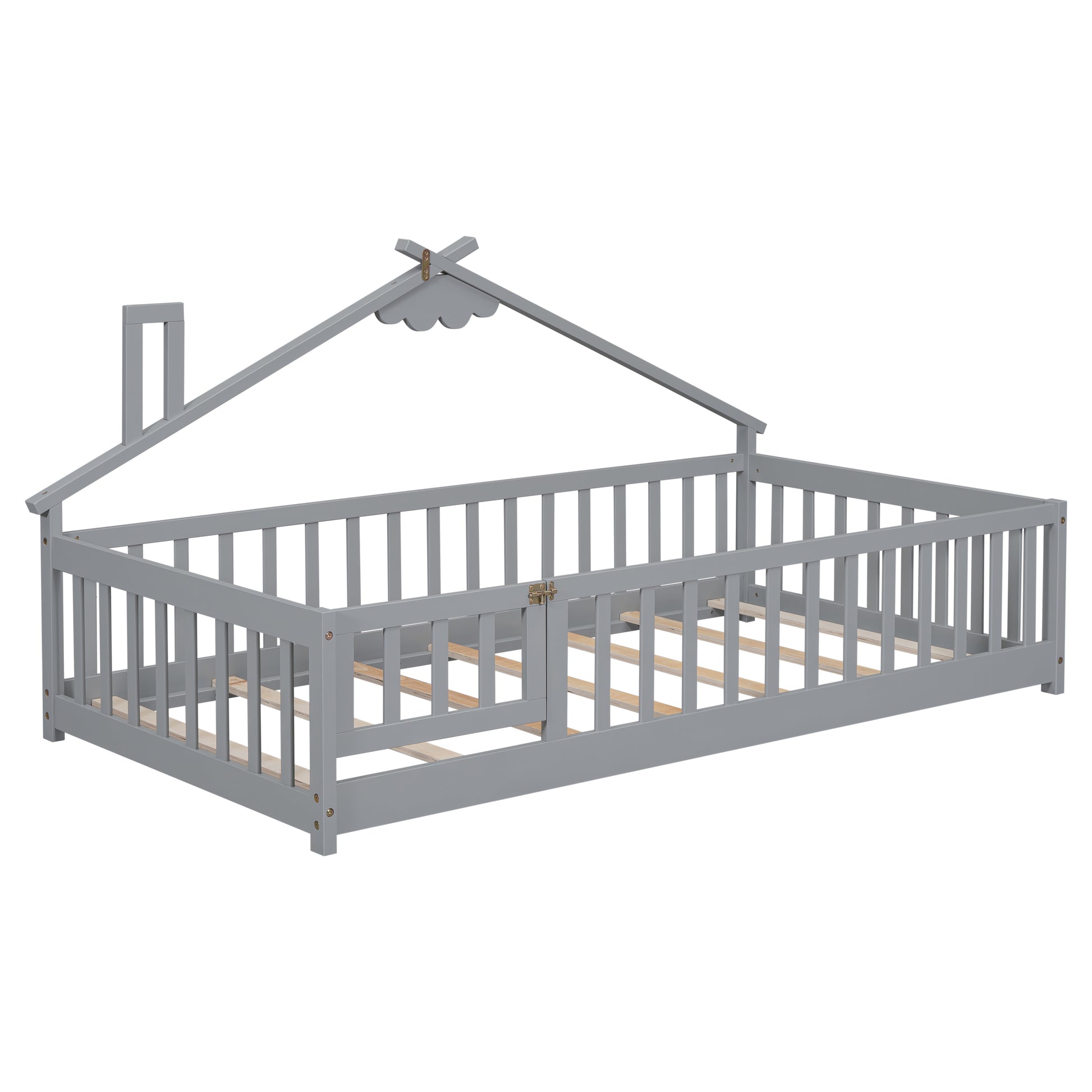 Twin House Shaped Bedside Floor Bed With Guardrails, Slats, With Door,Grey Twin Grey American Design Pine