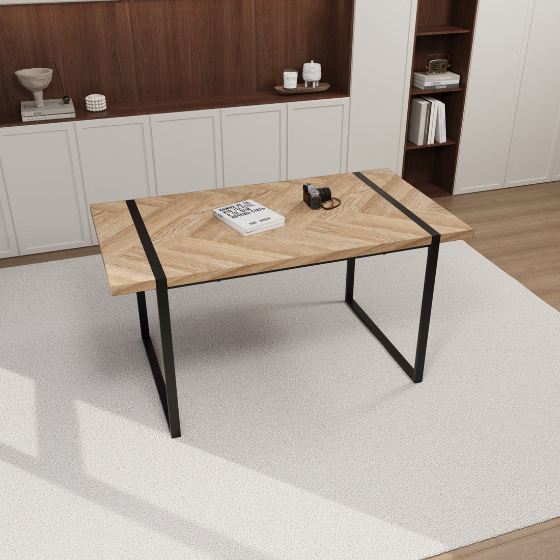 59 "Rural Industrial Rectangular Mdf Light Wood Dining Table, 4 6 People, 1.5" Thick Engineering Wood Tabletop And Black Rectangular Metal Legs, Used For Desks, Kitchens, Terraces, Restaurants Natural Wood Kitchen Mdf