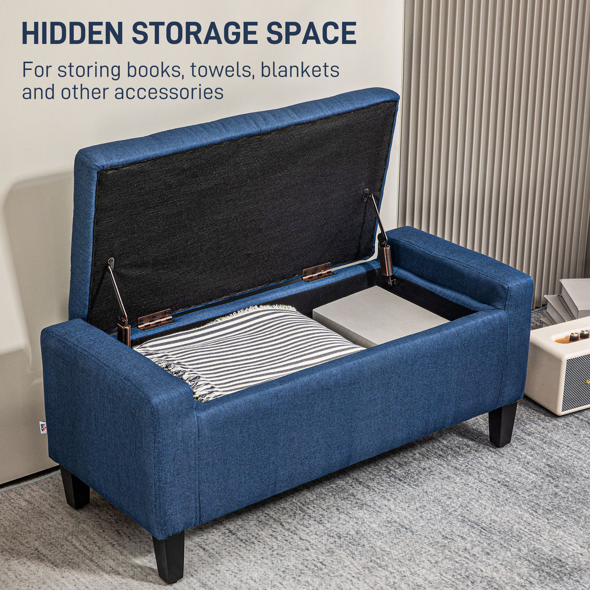 Homcom Storage Ottoman, Linen Upholstered Storage Bench With Lift Top And Button Tufted For Living Room, Dark Blue Blue Polyester