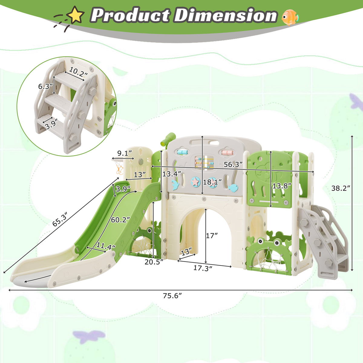 11 In 1 Toddler Slide, Kids Slide For Toddler Age 1 3 With Basketball Hoop, Kids Slide Playset Structure,Arch Tunnel And Telescope, Toy Storage Organizer For Toddlers, Kids Climbers Playground Green Cute 1 To 2 Years Hdpe Indoor & Outdoor Use