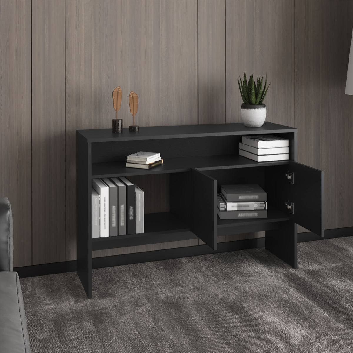 Bellagio 48.7" Wide 2 Tier Narrow Bellagio Console Table With Double Door Cabinet 2 Or Less Black Bathroom Modern Particle Board