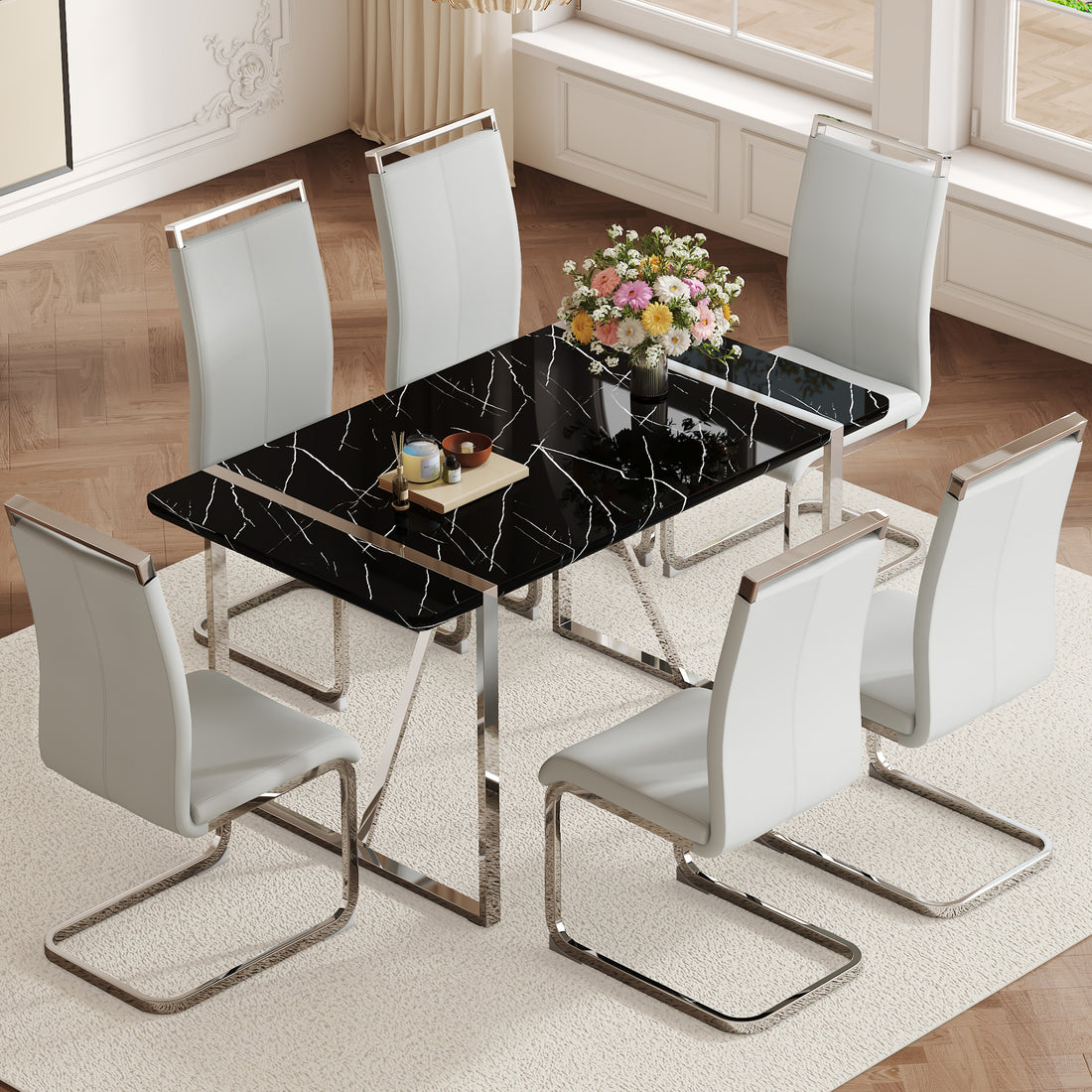 Table And Chair Set.A Rustic Industrial Rectangular Mdf Black Dining Table With Mdf Desktop And Electroplated Silver Metal Legs.Paried With 6 Chairs With Pu Cushion And Metal Legs. Black,Light Gray,Silver Seats 6 Mdf Metal