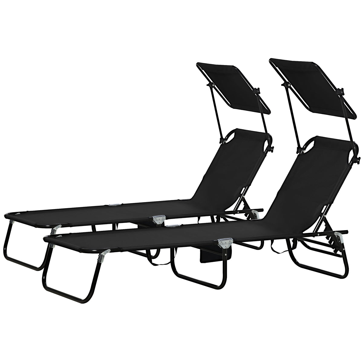 Outsunny Folding Chaise Lounge Pool Chairs, Outdoor Sun Tanning Chairs With Canopy Shade, Reclining Back, Steel Frame And Side Pocket For Beach, Yard, Patio, Black Black Steel