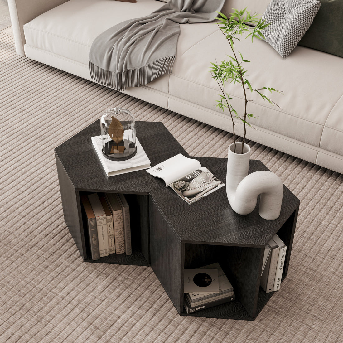 47.24'' Hexagonal Coffee Table Side Table Nightstand Burmese Sumac 2Pcs Black Brown Mdf