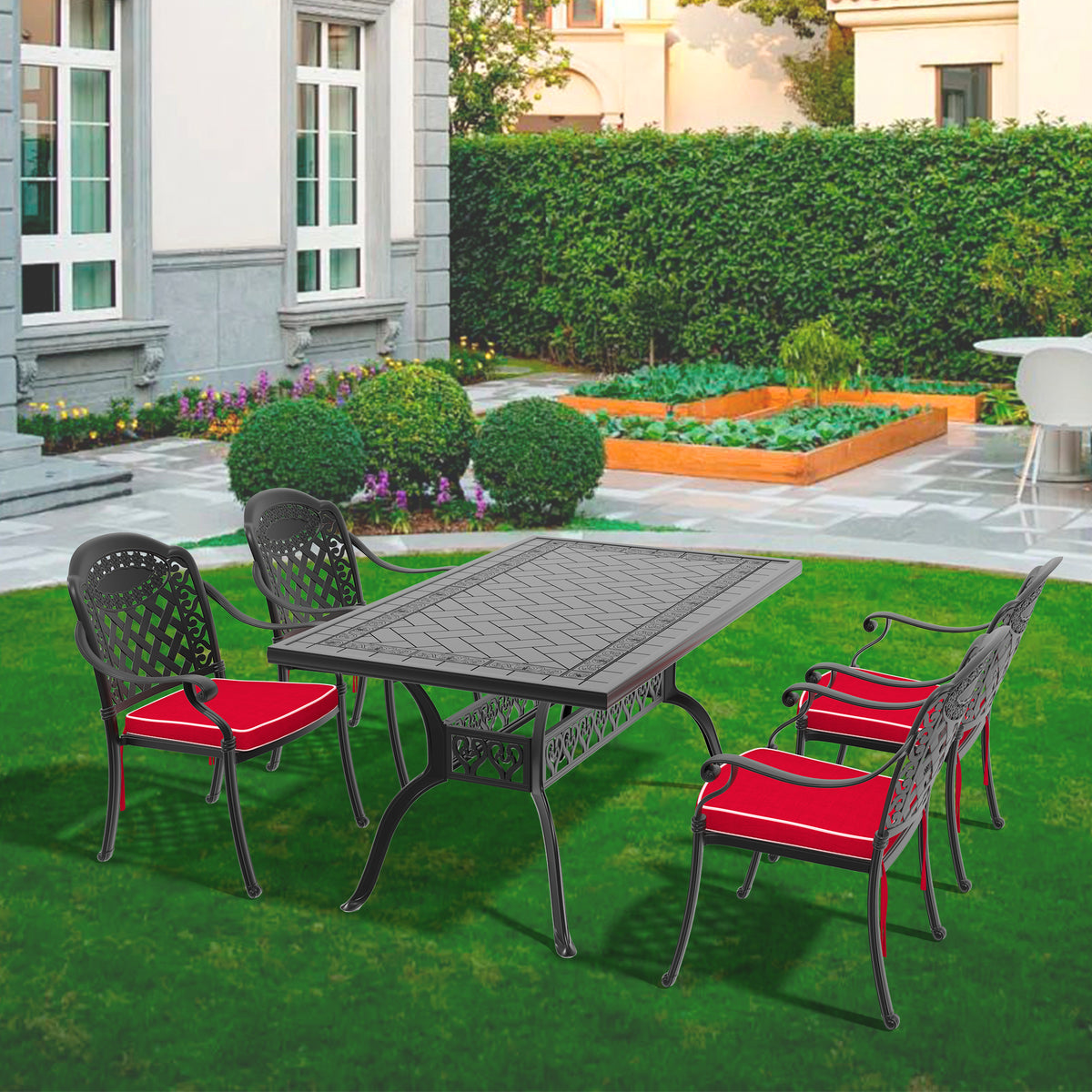 Cushions In Random Colors 5 Piece Set Of Cast Aluminum Patio Furniture With Cushions Yes Complete Patio Set Black Seats 4 Rust Resistant Frame Water Resistant Cushion Garden & Outdoor Complete Patio Sets Aluminium